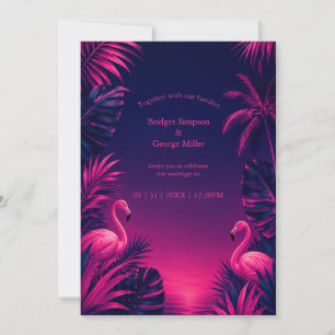 Neon Flamingo Hawaii Tropische Florale Nacht Hochz Einladung