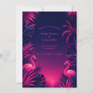 Neon Flamingo Hawaii Tropische Florale Nacht Hochz Einladung