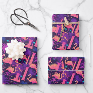 Neon Flamingo Palm Trees Vaporwave Ästhetisch Geschenkpapier Set