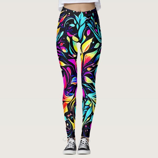 Neon Floral Burst Art Leggings (Vorderseite)