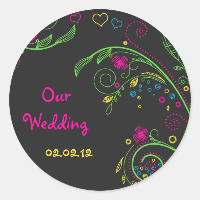 Neon Floral Chalkboard Doodle Wedding Stickers (Vorderseite)