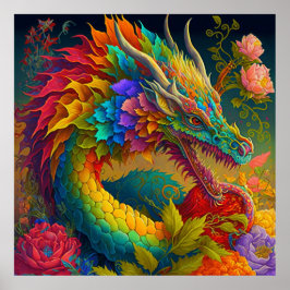 Neon Floral Dragon Poster