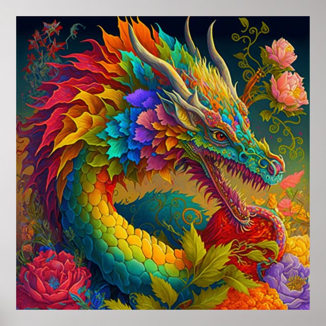 Neon Floral Dragon Poster (Vorne)