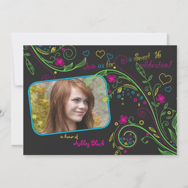 Neon Floral Foto Sweet 16 Birthday Einladung (Vorderseite)