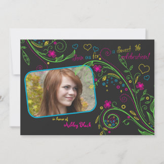 Neon Floral Foto Sweet 16 Birthday Einladung