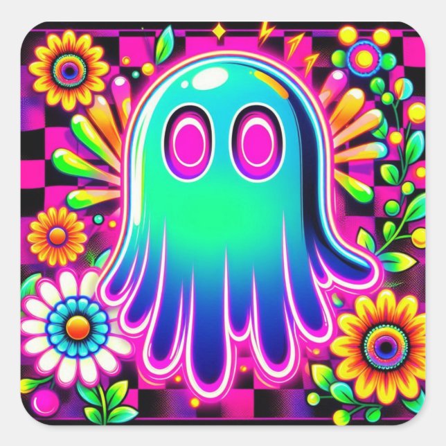 Neon Floral Retro Ghost Halloween Quadratischer Aufkleber (Vorderseite)