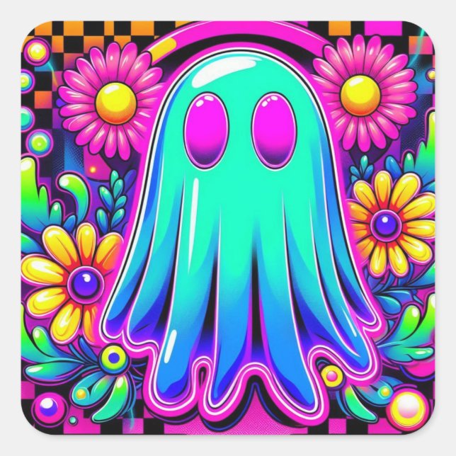 Neon Floral Retro Ghost Halloween Quadratischer Aufkleber (Vorderseite)