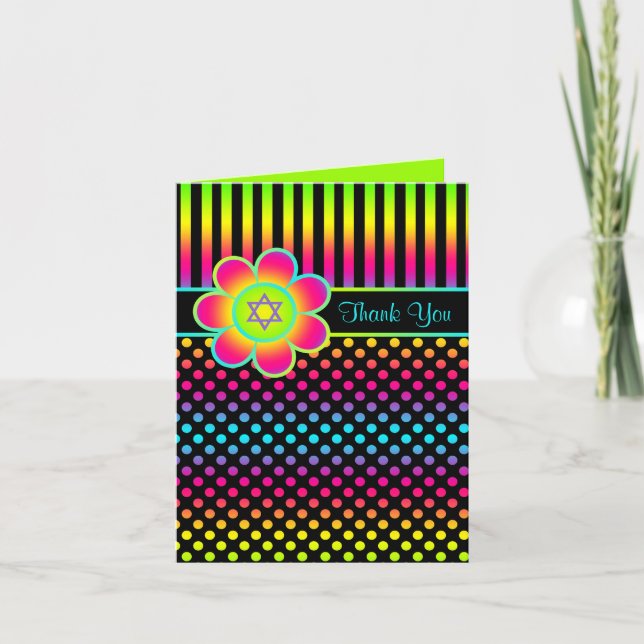 Neon Floral Streifen, Polka Punkte Dankeschön Kart Dankeskarte (Vorderseite)