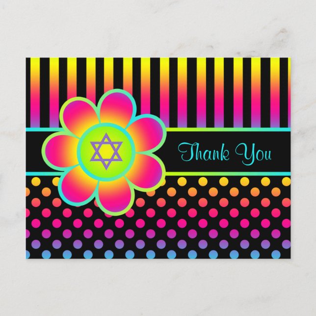 Neon Floral Stripes Bat Mitzvah Danke Postkarte (Vorderseite)