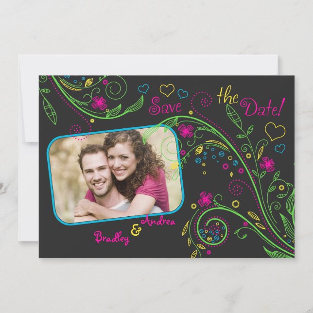 Neon Floral Wedding Foto Save the Date Card (Vorderseite)