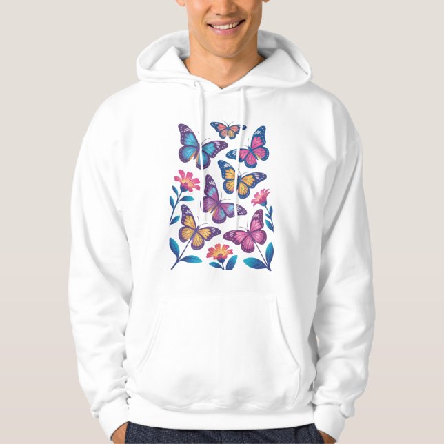 Neon Flowers with Six Glowing Butterflies Hoodie (Vorderseite)
