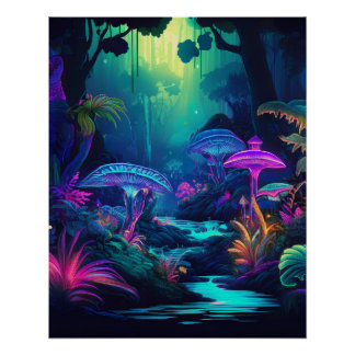 Neon Forest and Glow Mushrooms Fantasy Art Poster