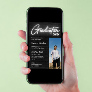 Neon Foto Graduierungsparty in Schwarzweiß Einladung