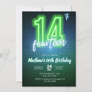 Neon fourteenth birthday Invitation Einladung