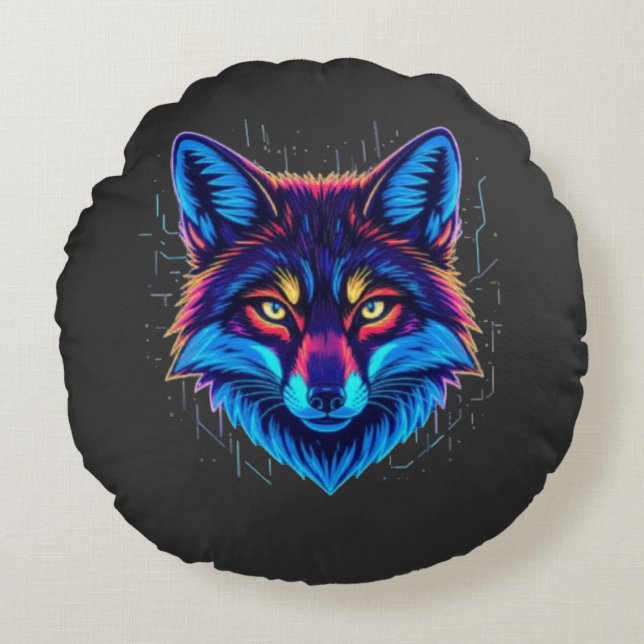 Neon Fox Face – Vibrant Glowing Design Rundes Kissen (Vorderseite)