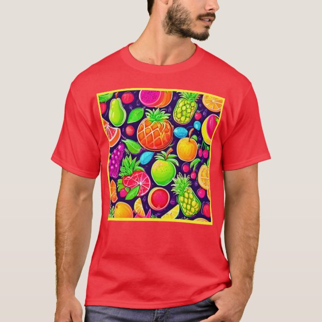 Neon Fruit Burst Muster T-Shirt (Vorderseite)