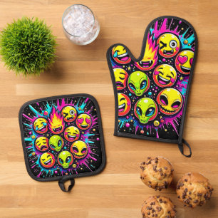 Neon Funky Emoji Mix Ofenhandschuh & Topflappen-Set