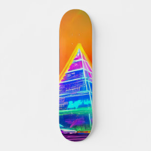 Neon Futuristic hologram Pyramid in Modern City Skateboard