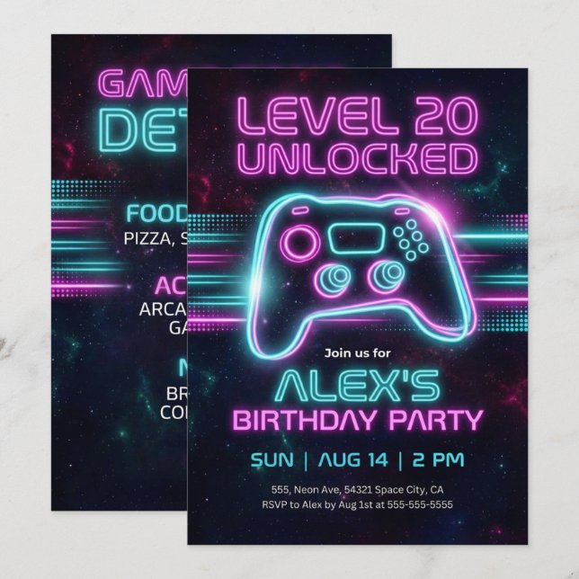 Neon Gamer Birthday Invitation Game for Teen Boy  Einladung (Vorne/Hinten)