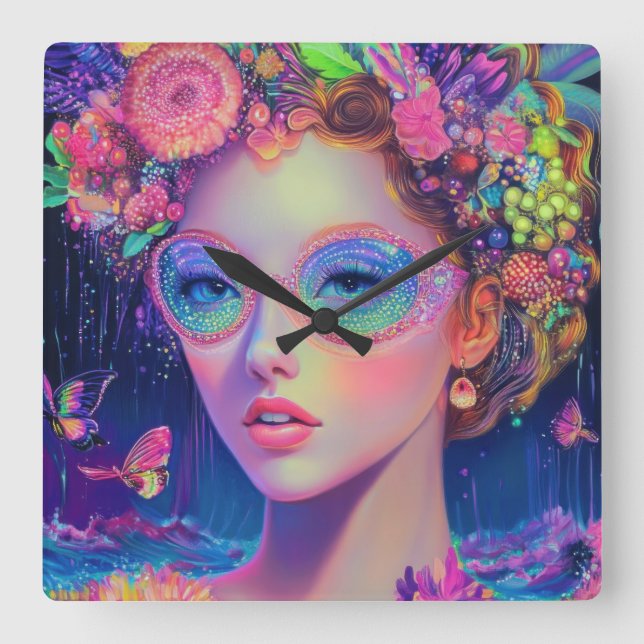 Neon Garden Goddess Quadratische Wanduhr (Vorderseite)