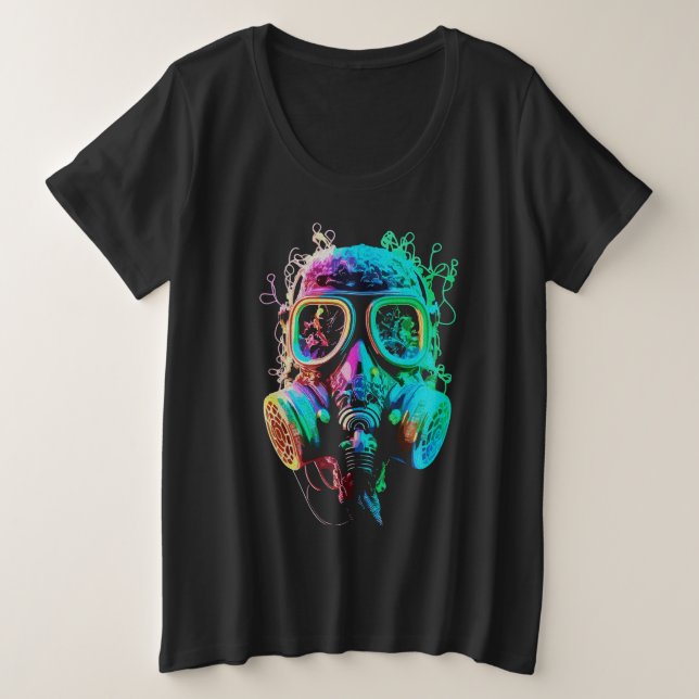 Neon Gas Mask: Vibrant Chaos Art Große Größe T-Shirt (Design vorne)