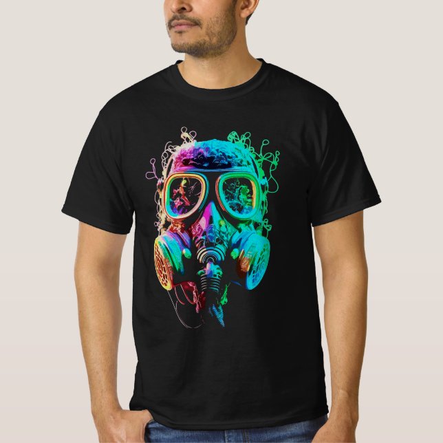 Neon Gas Mask: Vibrant Chaos Art T-Shirt (Vorderseite)