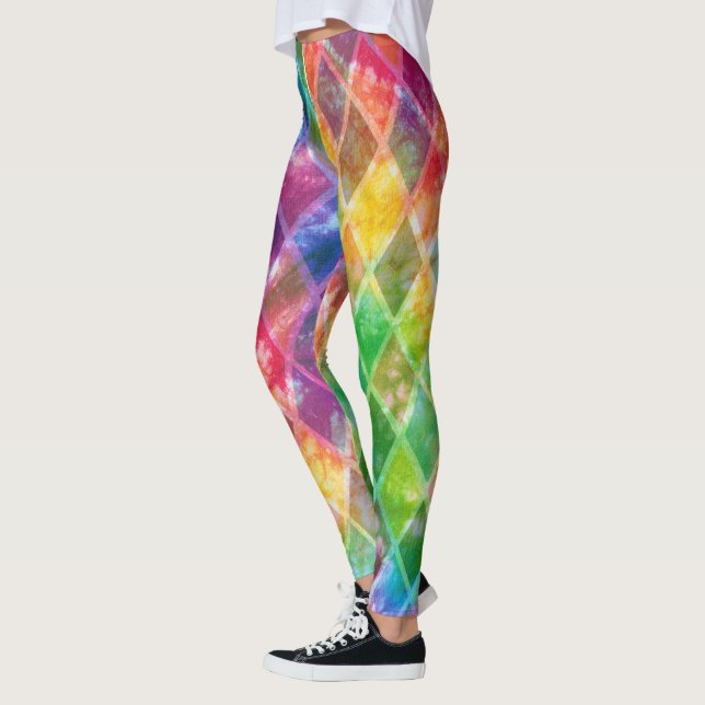Neon Gefärbte Krawatte Watercolor Harlequin Raute Leggings (Links)