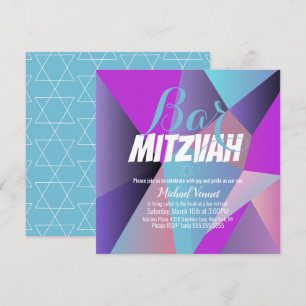 Neon geometrische Bar Mizwa Blau Weiß Einladung