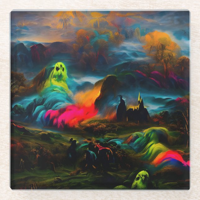 Neon Ghosts in einer Spuk Fantasielandschaft Glasuntersetzer (Vorderseite)