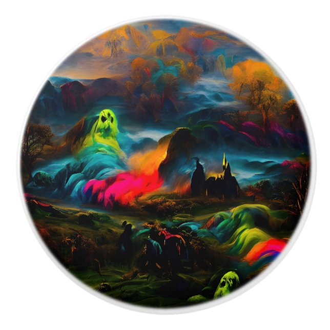 Neon Ghosts in einer Spuk Fantasielandschaft Keramikknauf (Vorderseite)