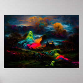 Neon Ghosts in einer Spuk Fantasielandschaft Poster