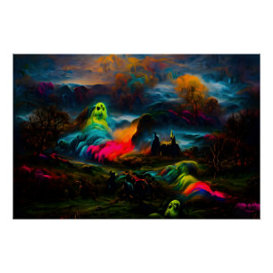 Neon Ghosts in einer Spuk Fantasielandschaft Poster