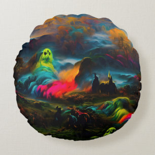 Neon Ghosts in einer Spuk Fantasielandschaft Rundes Kissen