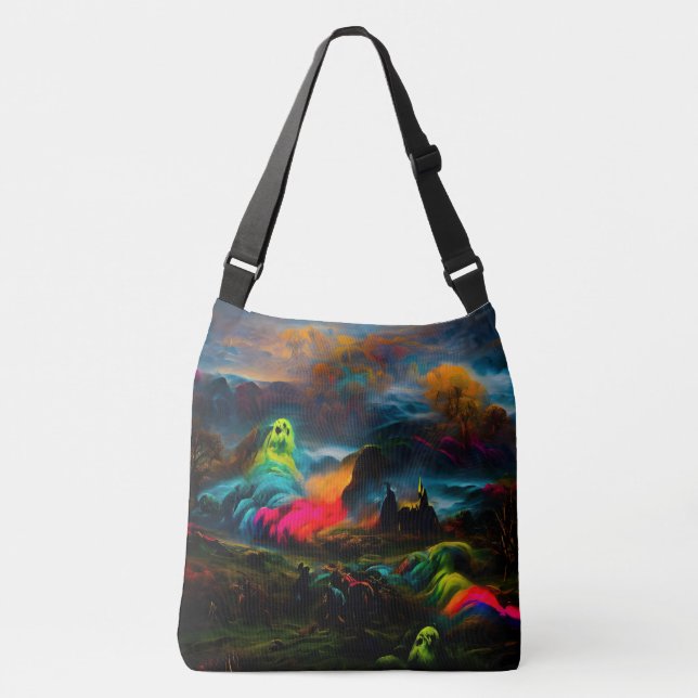 Neon Ghosts in einer Spuk Fantasielandschaft Tragetaschen Mit Langen Trägern (Vorderseite)