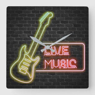 Neon Gitarre auf Ziegelstein Quadratische Wanduhr