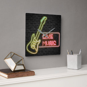 Neon-Gitarren-Schild auf Ziegel Quadratische Wanduhr