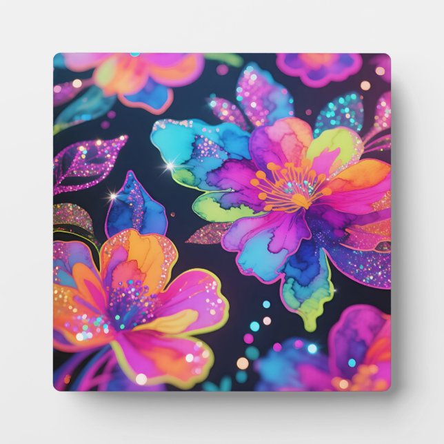 Neon-Glitter-Blumenmuster Fotoplatte (Vorderseite)