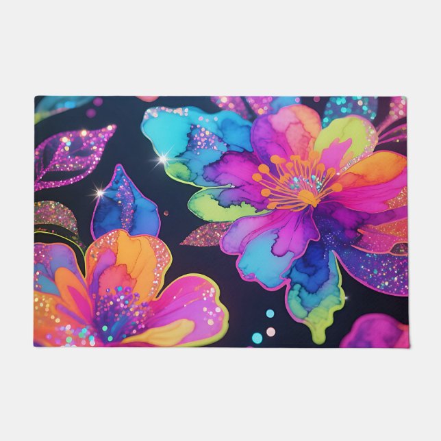 Neon-Glitter-Blumenmuster Fußmatte (Vorderseite)