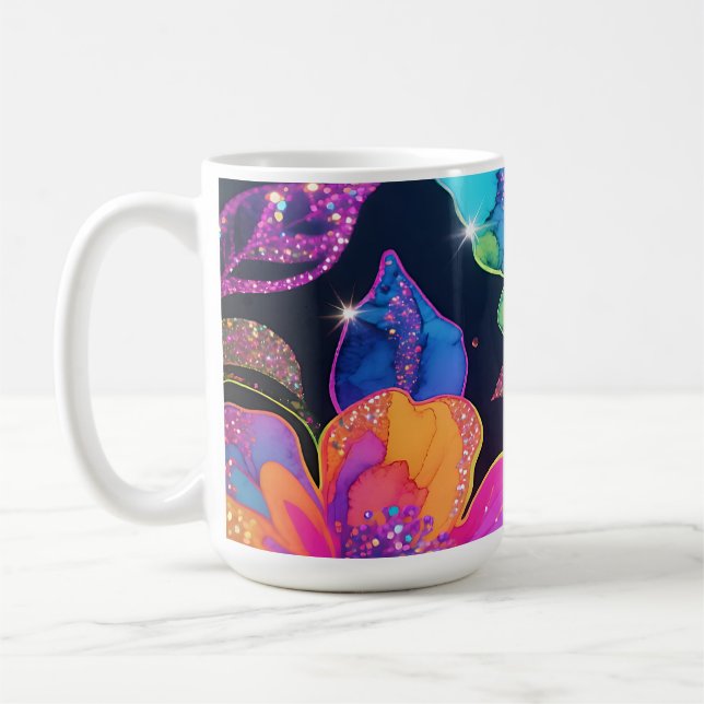 Neon-Glitter-Blumenmuster Kaffeetasse (Links)