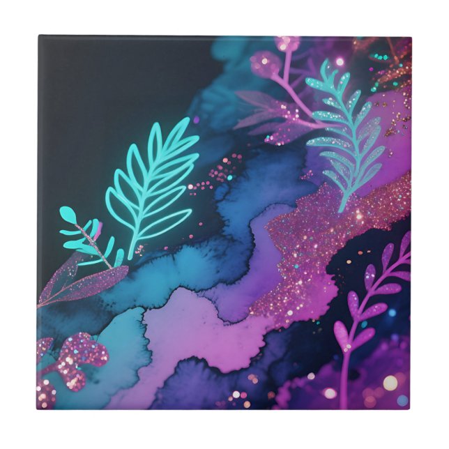 Neon-Glitter-Botanik-Abstrakt Fliese (Vorderseite)