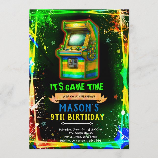 Neon glow arcade birthday invitation (Devant)