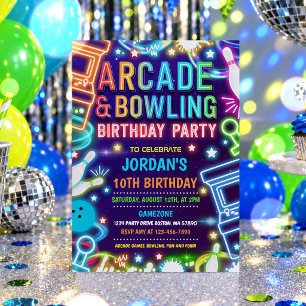 Neon Glow Arcade und Bowling Birthday Party Einladung