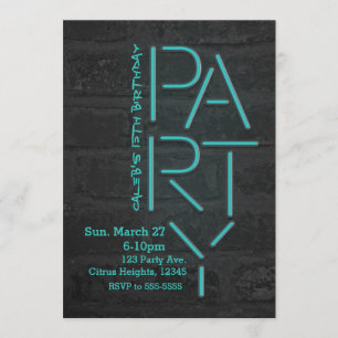 Neon Glow Blue PARTY Brick Wall Urbain Invitation