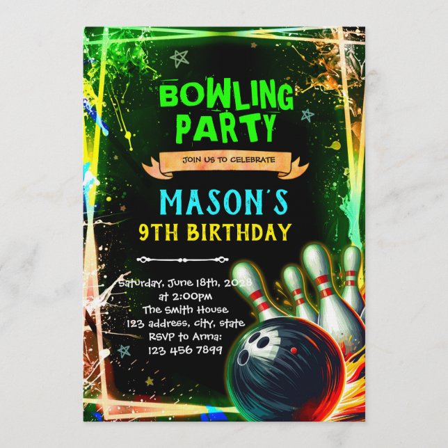 Neon glow bowling boy theme invitation einladung (Vorderseite)