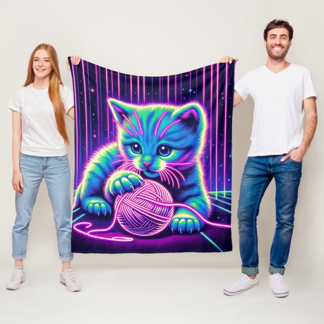 Neon Glow Cat Playing with Yarn Fleecedecke (Beispiel)
