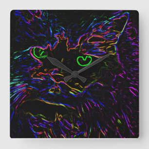 Neon Glow Cat Quadratische Wanduhr