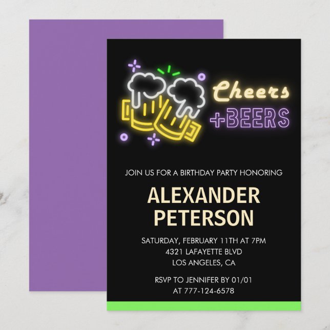 Neon Glow Cheers Beer Men 42. Geburtstag Einladung (Vorne/Hinten)