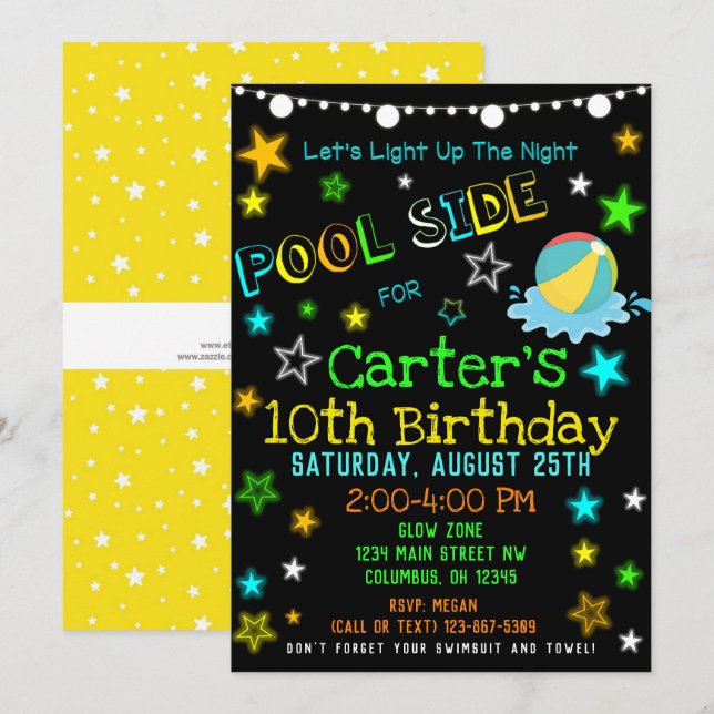 Neon Glow dans l'obscurité Invitation de la fête d (Devant / Derrière)