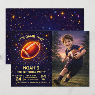 Neon Glow Football Birthday Photo Invitation