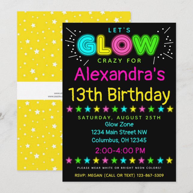 Neon Glow im Dunklen Kindergeburtstag Party Einlad Einladung (Vorne/Hinten)